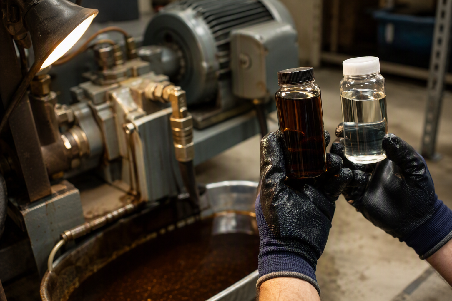Degraded hydraulic elevator fluid sample compared to fresh fluid during summer maintenance inspection in a Scottsdale AZ machine room