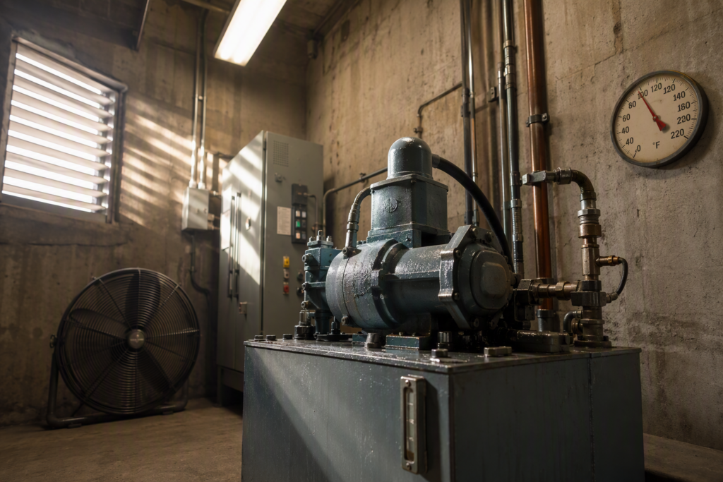 Hydraulic elevator machine room in a Phoenix AZ building showing pump unit, oil reservoir, and thermometer during extreme summer heat conditions