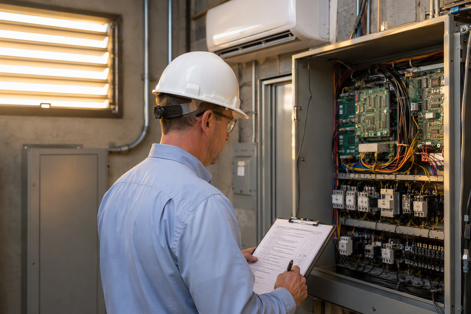 Elevator inspector reviewing ASME A17.1 compliance checklist beside a controller panel in a Mesa AZ machine room with installed ventilation cooling unit
