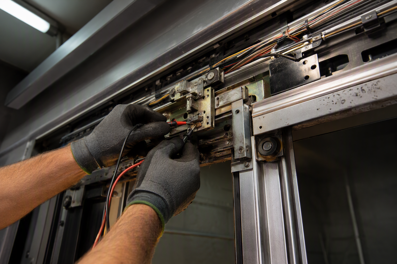 Elevator technician testing door interlock mechanism with multimeter, illustrating how component type affects elevator repair cost in Arizona