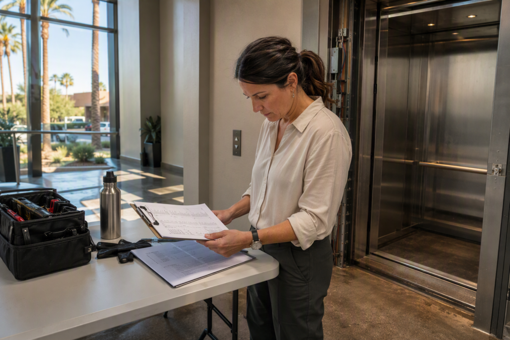 Building manager reviewing elevator repair cost estimate outside open elevator cab in Phoenix AZ commercial building, assessing price factors