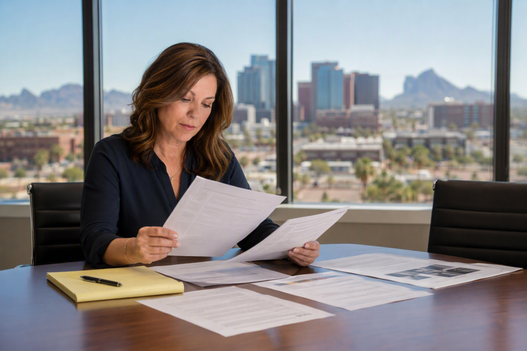 Property manager reviewing elevator service contract negotiation documents at a Phoenix office conference table with bid proposals and handwritten notes spread out