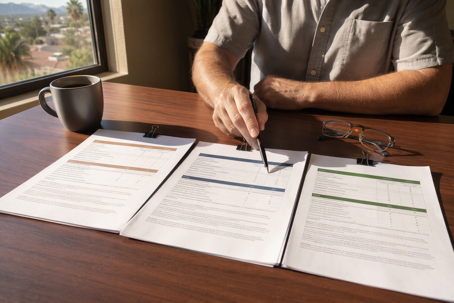 Building manager comparing three elevator service contract types — lubrication-only, parts-and-labor, and full-maintenance — side by side on a Tucson office desk