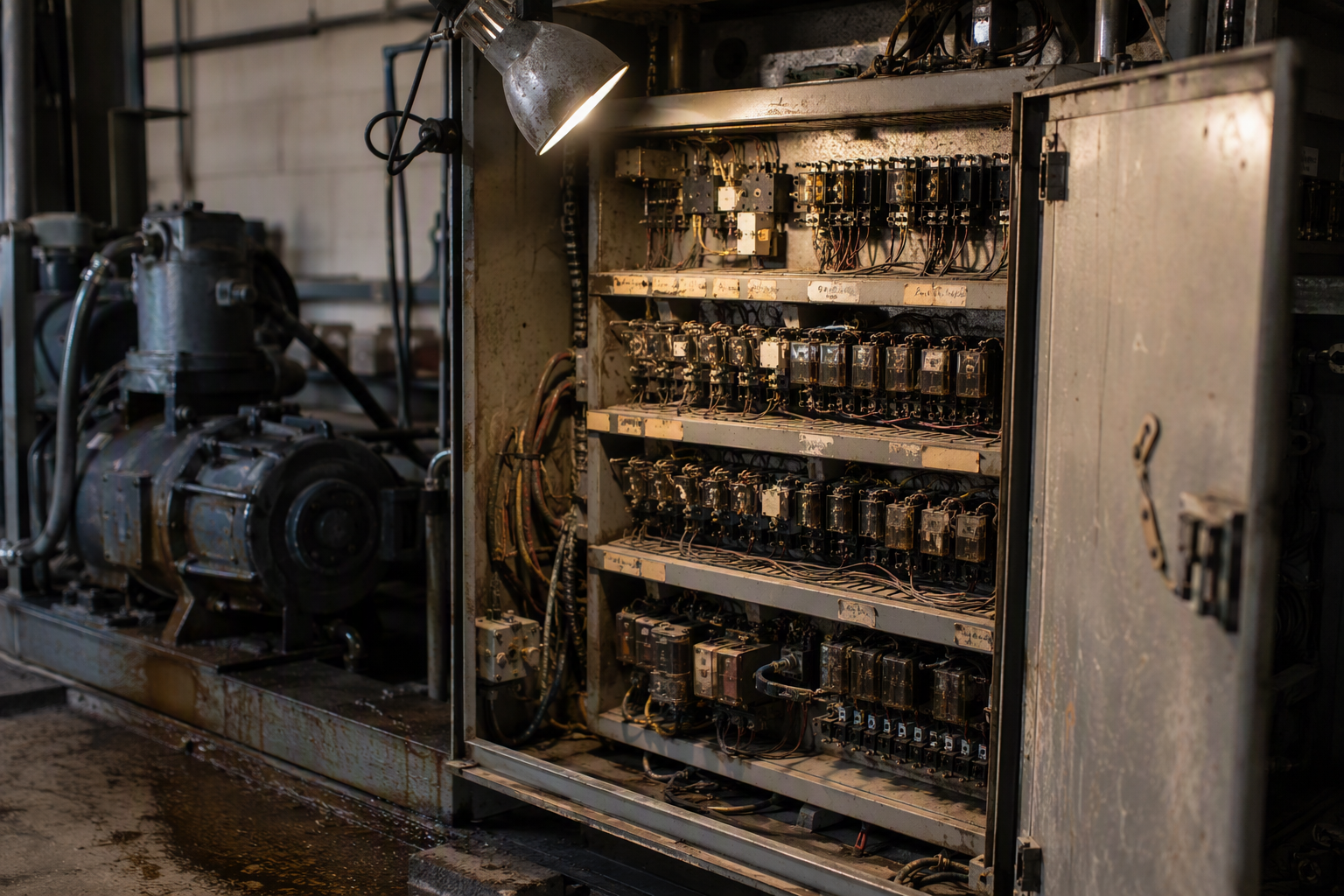 Open elevator machine room controller cabinet showing obsolete relay-logic wiring and oil-stained floor beneath an aging hydraulic pump — signs of discontinued parts and chronic leaks at end of life.