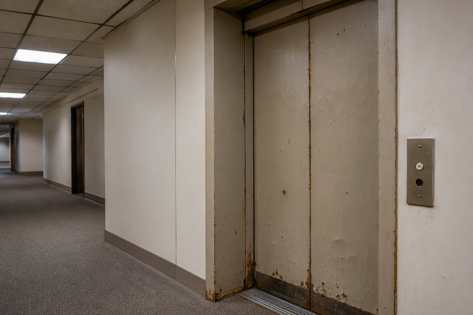 Worn, aging commercial elevator with dented steel doors, corroded threshold, and outdated call button panel — common end-of-life warning signs in a Phoenix AZ office building.
