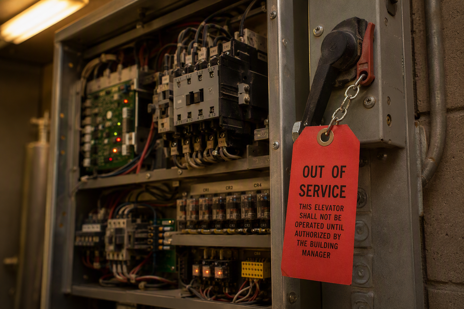 Red out-of-service lockout tag on an elevator controller disconnect switch in an Arizona machine room, indicating an imminent hazard shutdown order from a failed inspection.