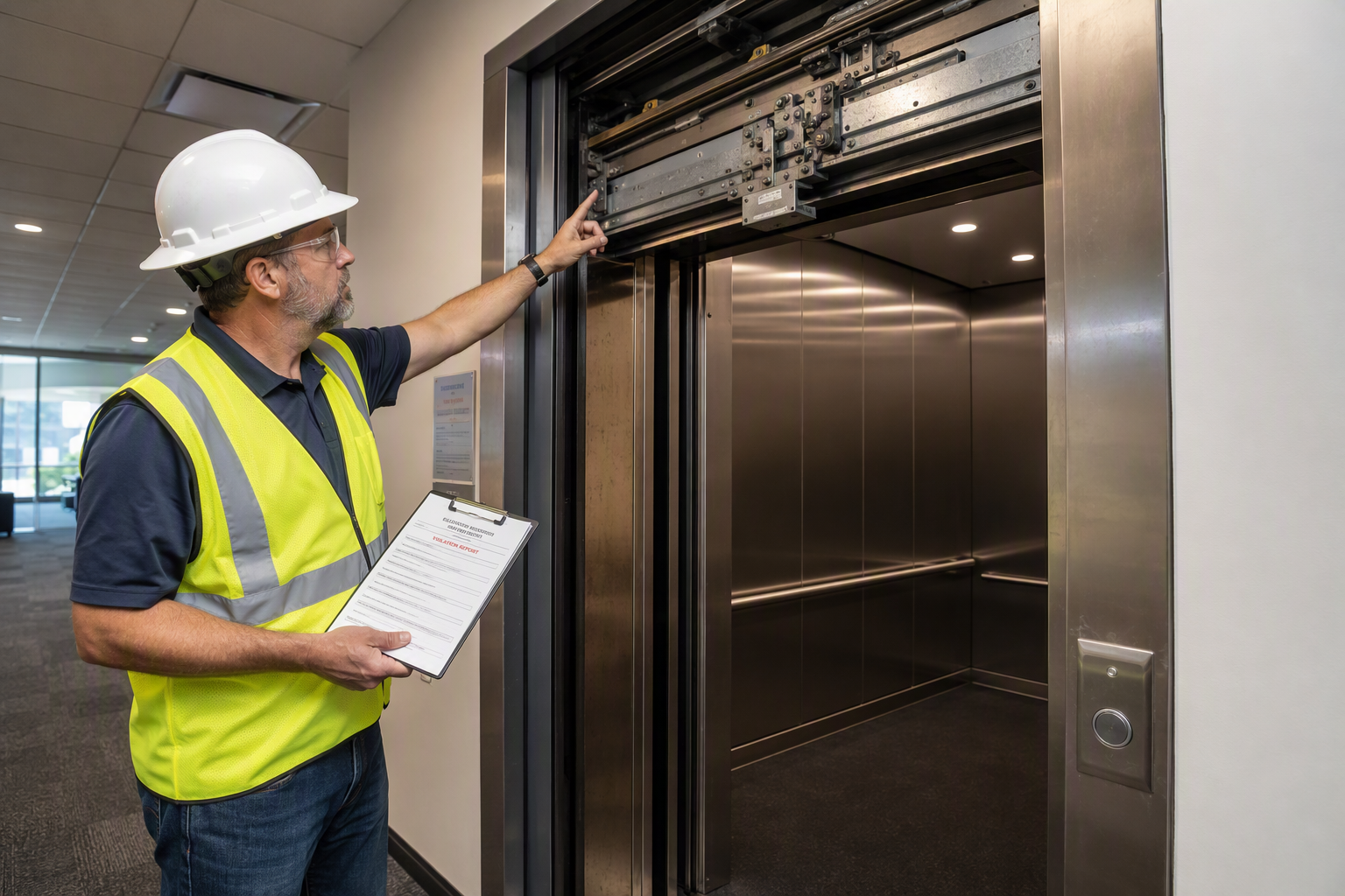 Arizona ADOSH elevator inspector reviewing a violation report in a Phoenix commercial building lobby after a failed elevator state inspection, 2024.