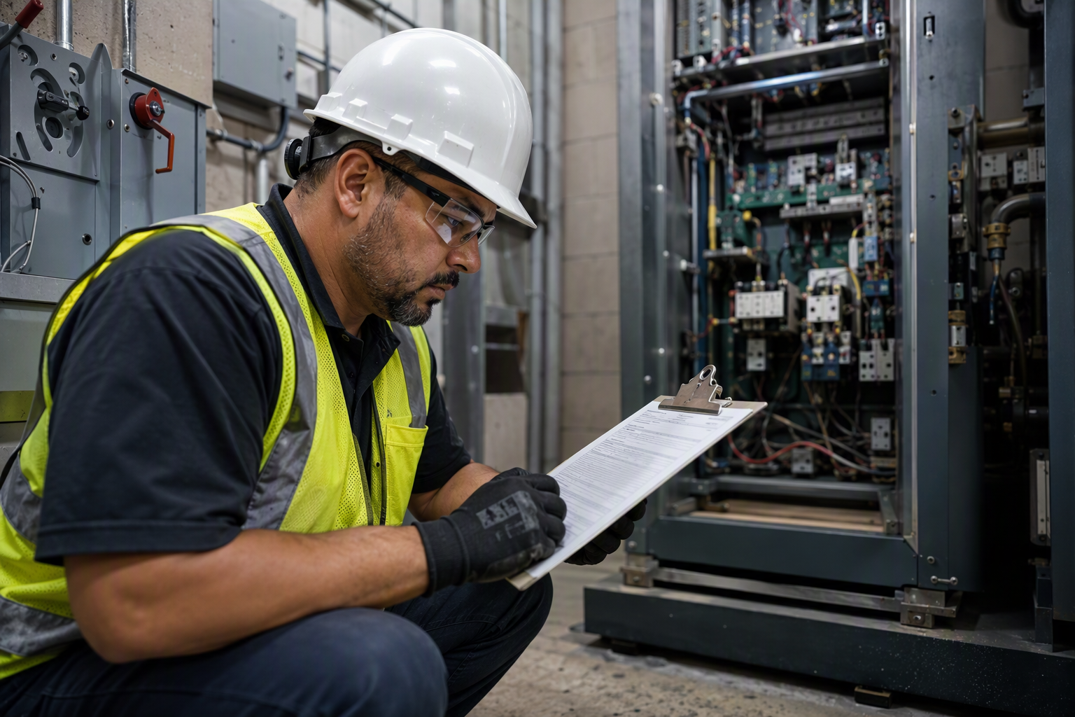 Elevator inspector reviewing violation report on clipboard inside machine room controller area during Phoenix elevator inspection process