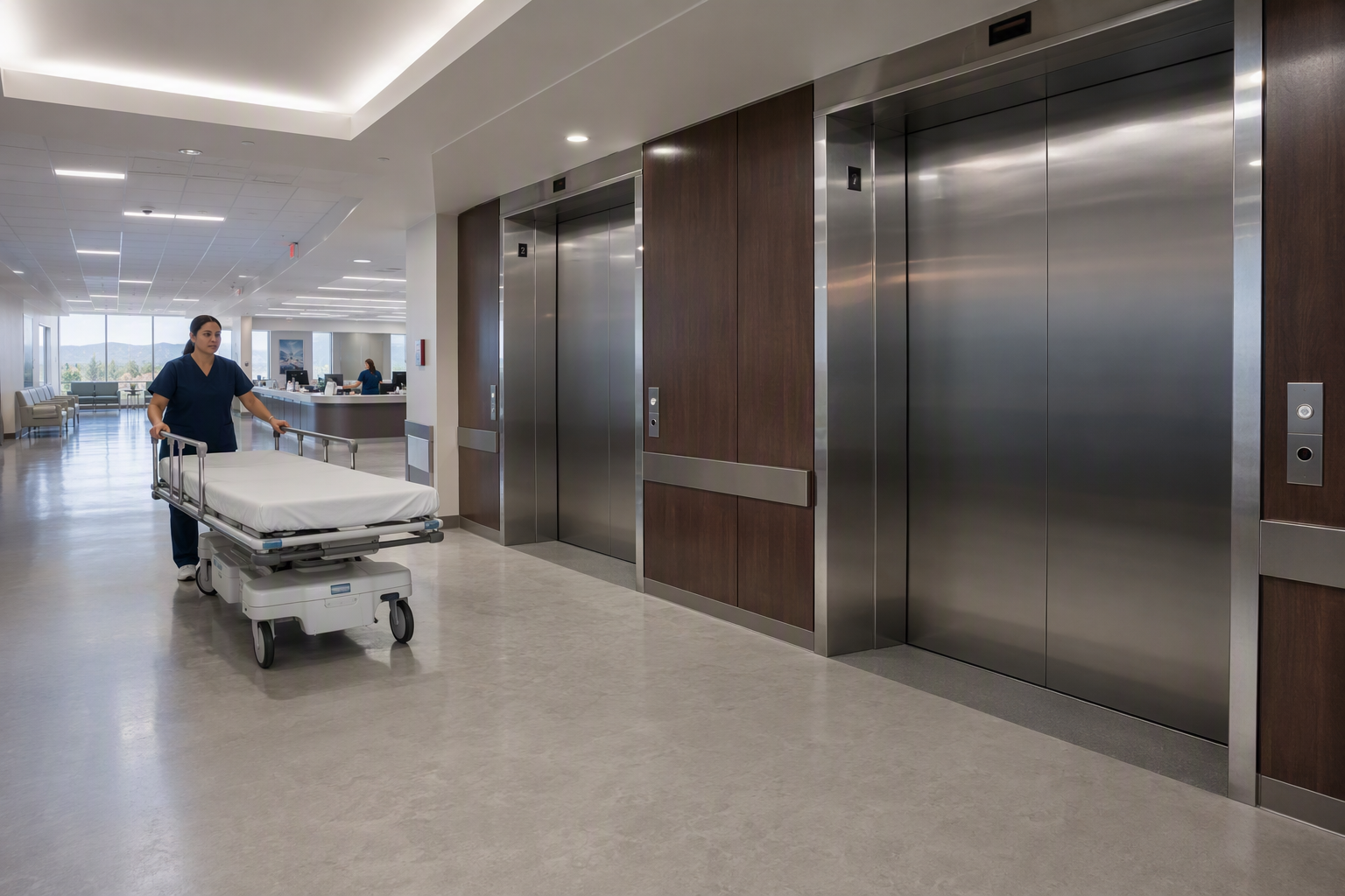 Healthcare Facility Elevator Lobby – Phoenix AZ Hospital elevator lobby in Phoenix AZ showing ADA-compliant oversized elevator doors and call panels required by ASME A17.1 healthcare facility elevator code