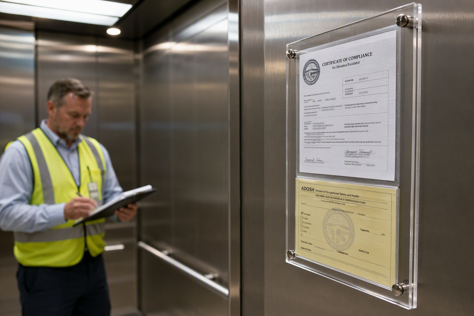 Healthcare Elevator Code Compliance Inspection – Arizona Elevator compliance inspection certificate and ADOSH permit inside a Phoenix AZ healthcare facility elevator cab being reviewed by a certified inspector
