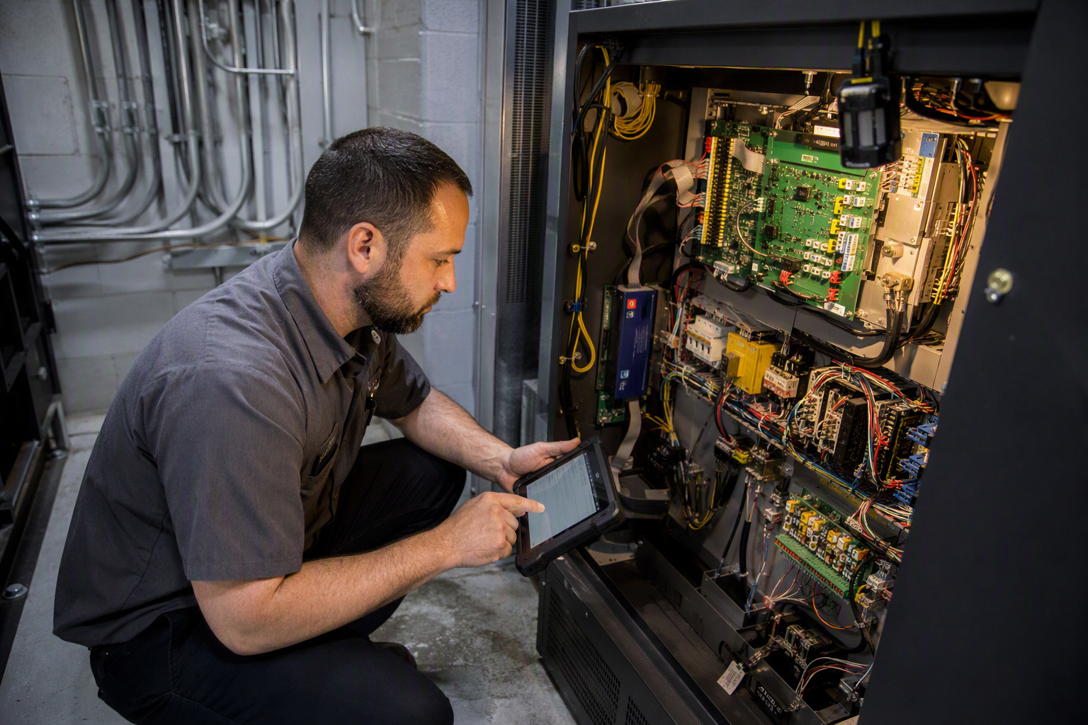 Hospital Elevator Machine Room Service – Phoenix AZ Licensed elevator mechanic servicing hospital elevator machine room controller in Phoenix AZ to maintain ASME A17.1 healthcare facility elevator code compliance