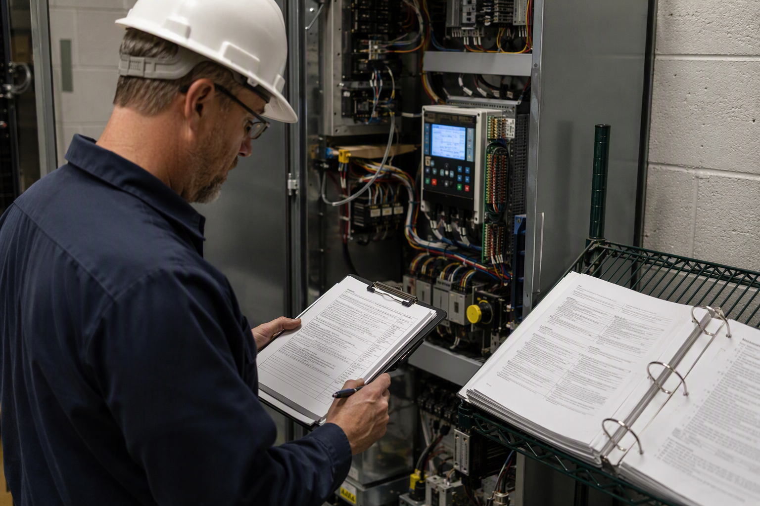 Licensed elevator inspector reviewing ASME A17.1 compliance checklist beside an open machine-room controller cabinet inside an Arizona hospital mechanical room.
