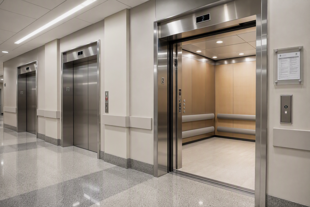 Wide hospital elevator lobby in Arizona medical center showing three stainless-steel elevator doors, open cab sized for gurney transport, and wall-mounted compliance certificate.