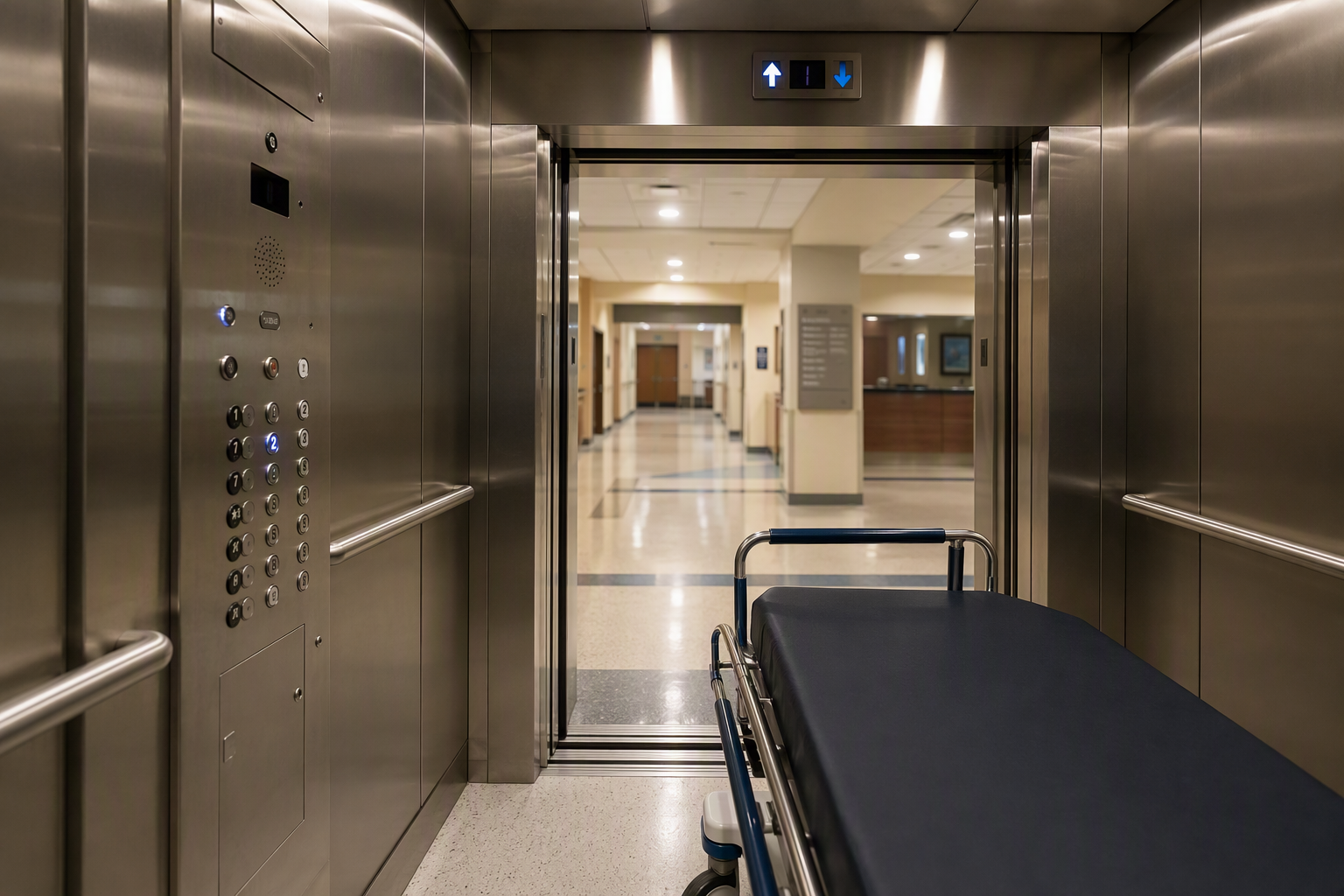 Interior of an ADA-compliant hospital elevator cab in Arizona showing Braille control panel, padded handrails, and gurney-accessible cab dimensions sized for healthcare patient transport.