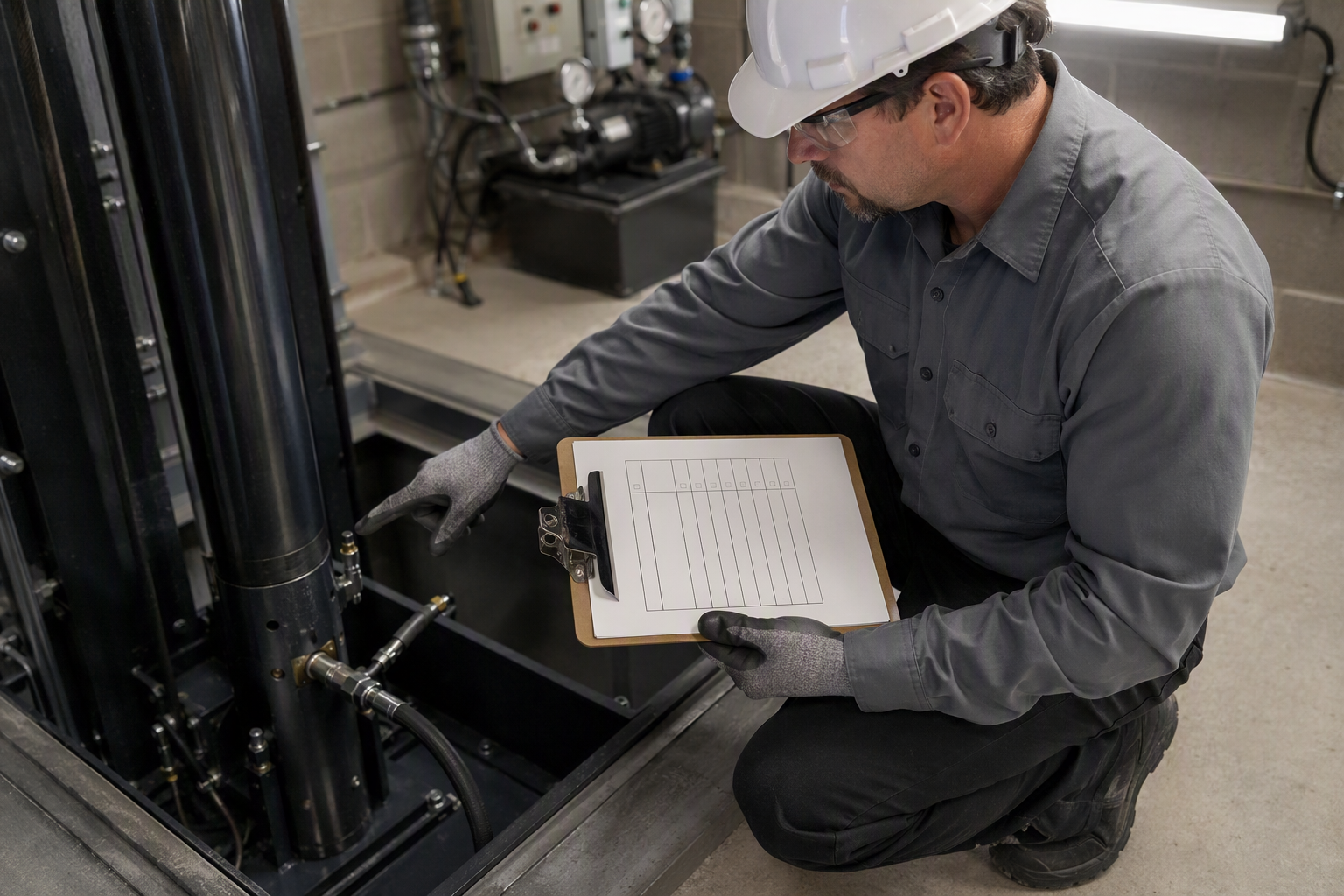 Licensed elevator inspector reviewing hydraulic elevator equipment and inspection checklist in a hotel mechanical room, fulfilling Arizona ADOSH semi-annual inspection requirements.