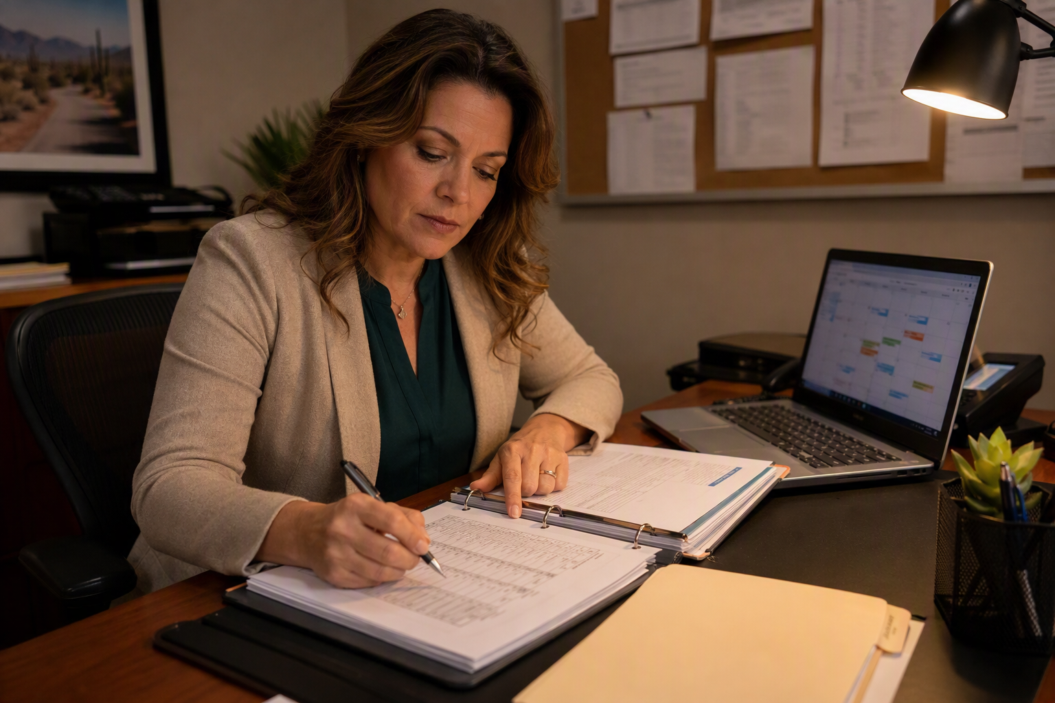 Hotel facility manager reviewing elevator maintenance logs and Category 1 and Category 5 test schedules required under ASME A17.1 for Arizona hotel elevator compliance.