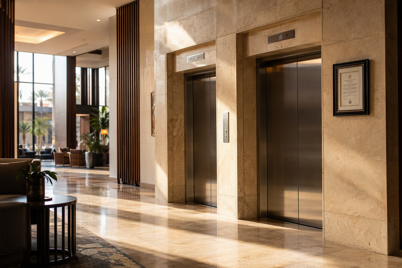 Hotel elevator bank in Scottsdale Arizona lobby with posted Certificate of Operation, illustrating Arizona state elevator inspection and compliance requirements for hotels.