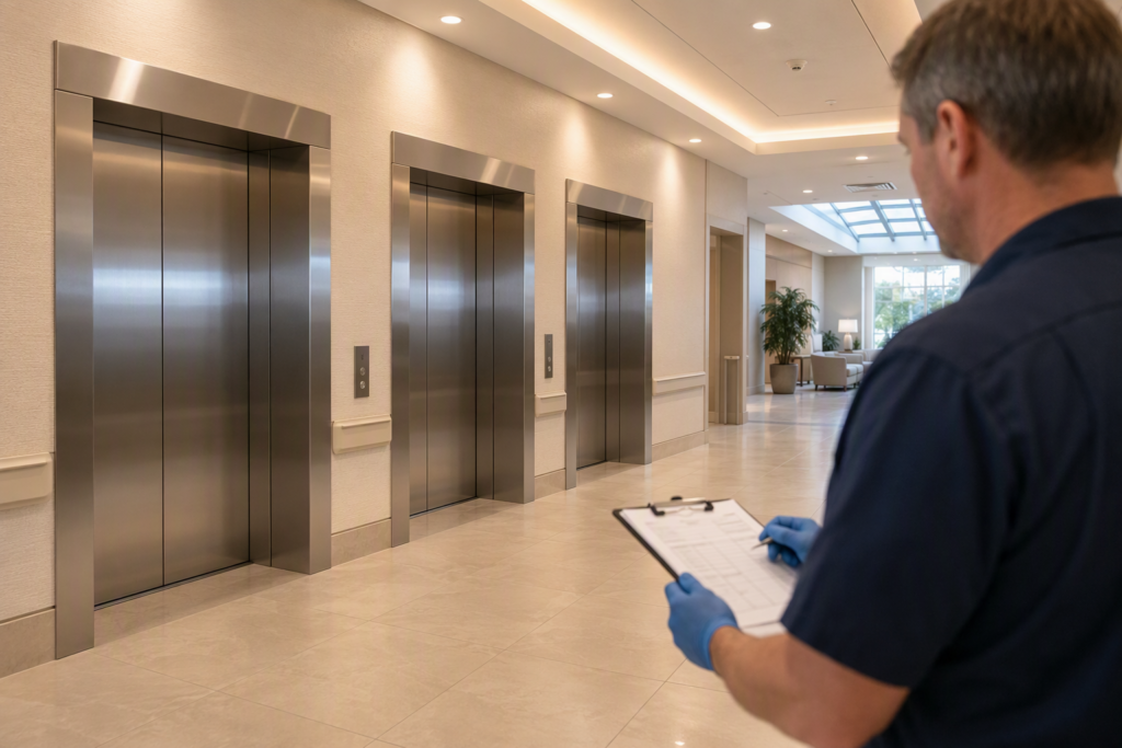 Hotel elevator maintenance inspection in a Phoenix AZ healthcare facility lobby showing stainless steel elevator doors and a service technician reviewing a maintenance log