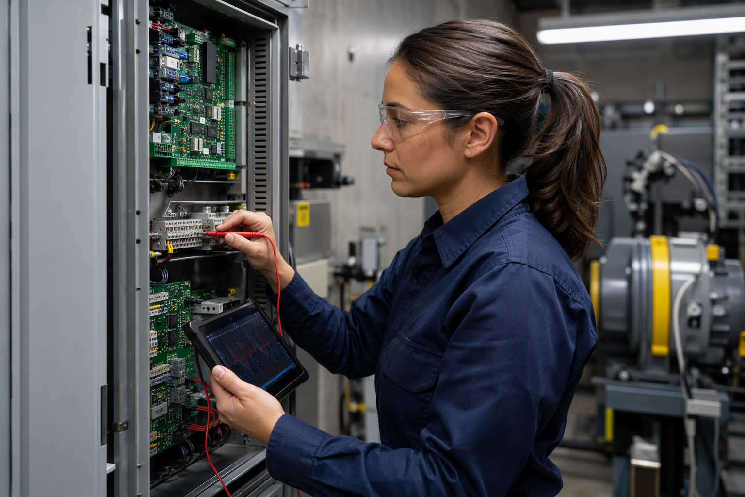 Elevator service technician running diagnostic tests on a modern controller in a Scottsdale AZ hotel machine room as part of a top-rated preventive maintenance program
