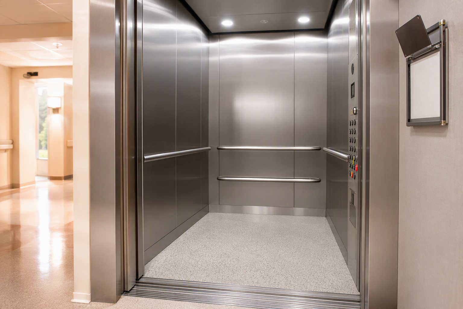ADA-compliant hospital elevator cab interior in Tucson AZ with grab rails, Braille control panel, and wide door opening meeting ASME A17.1 and ADA accessibility standards