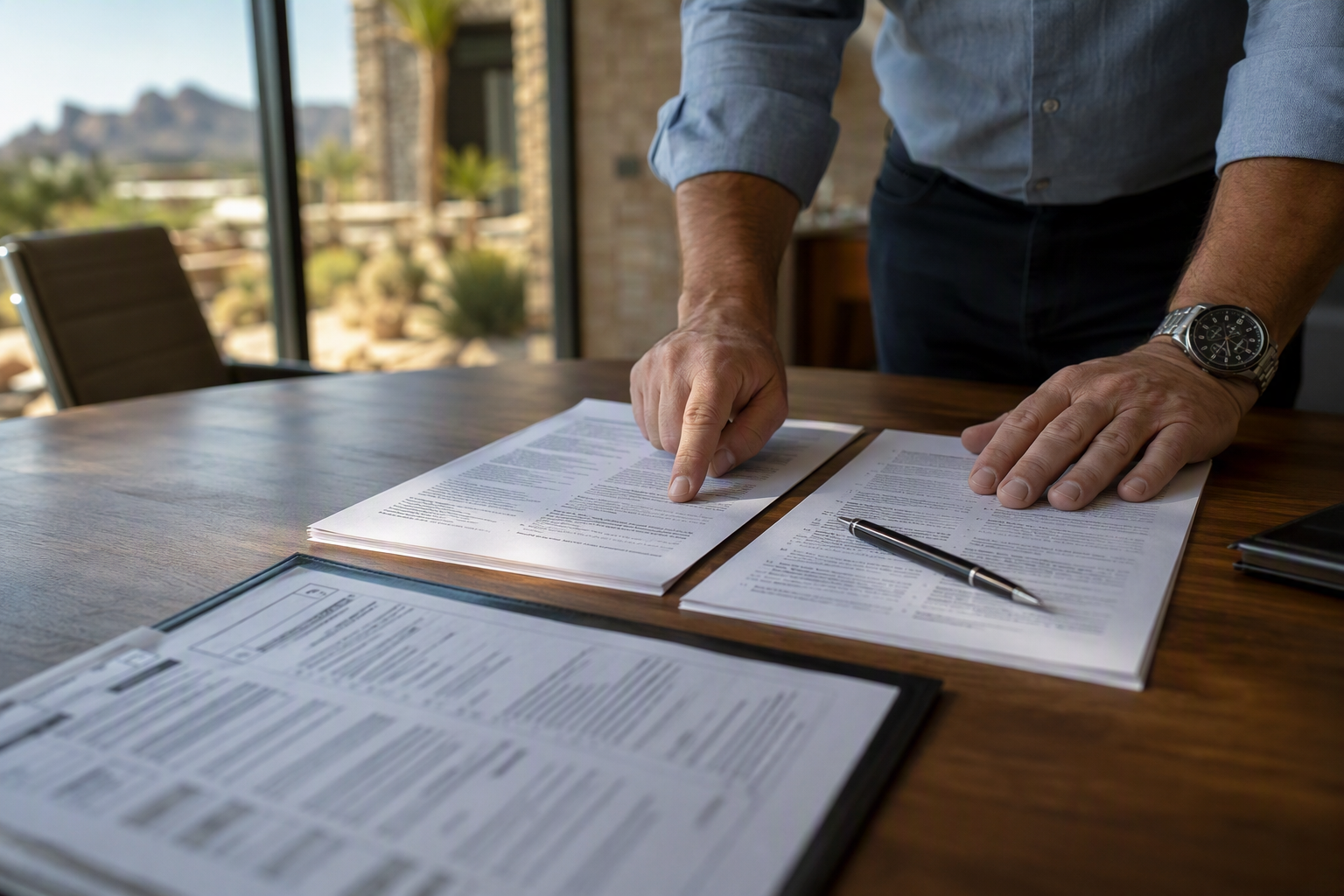 Facility manager comparing two elevator service contracts side by side on a desk, reviewing compliance and coverage terms before switching elevator vendors
