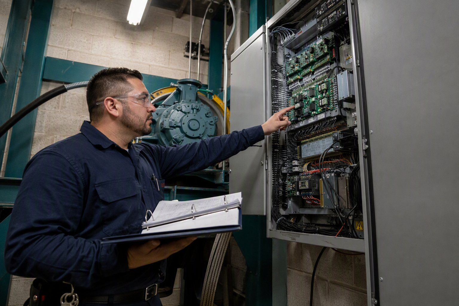 Elevator technician in an Arizona machine room reviewing compliance documentation next to an open elevator controller cabinet, relevant to Arizona ADOSH and ASME A17.1 regulations
