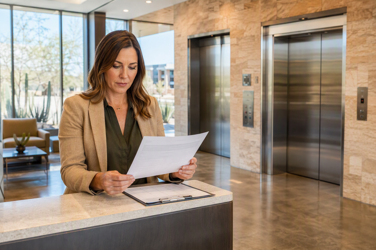 Property manager in a Phoenix Arizona commercial lobby reviewing elevator maintenance company contract documents with a stainless-steel elevator bank visible in the background