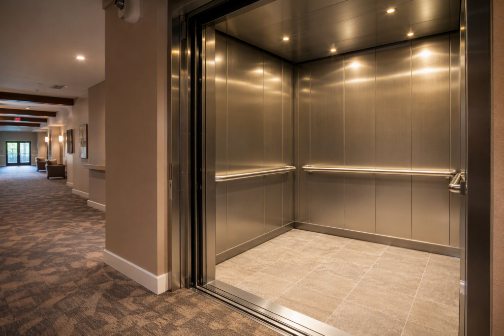 Modernized elevator cab interior in an Arizona multifamily senior living building showing ADA-compliant handrails, LED lighting, and slip-resistant flooring after elevator modernization.