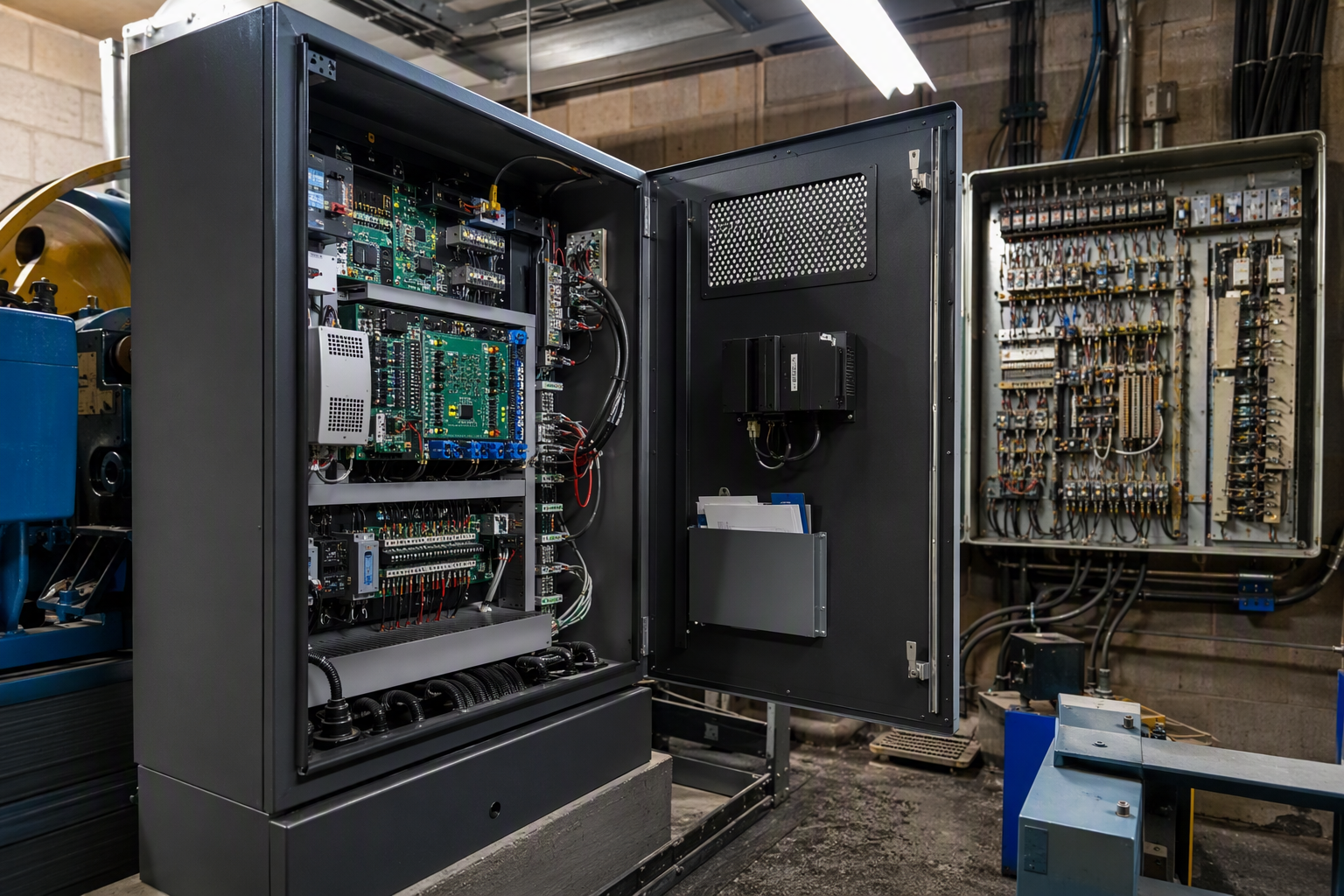 New microprocessor elevator controller installed alongside legacy relay-logic panel in a Phoenix multifamily building machine room during an elevator modernization project.