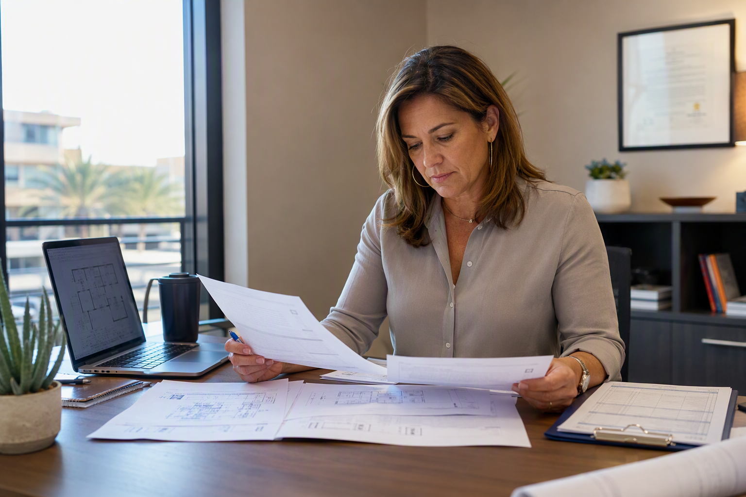 Multifamily building manager reviewing elevator compliance inspection documents and ASME A17.1 reports at her desk in an Arizona property management office.