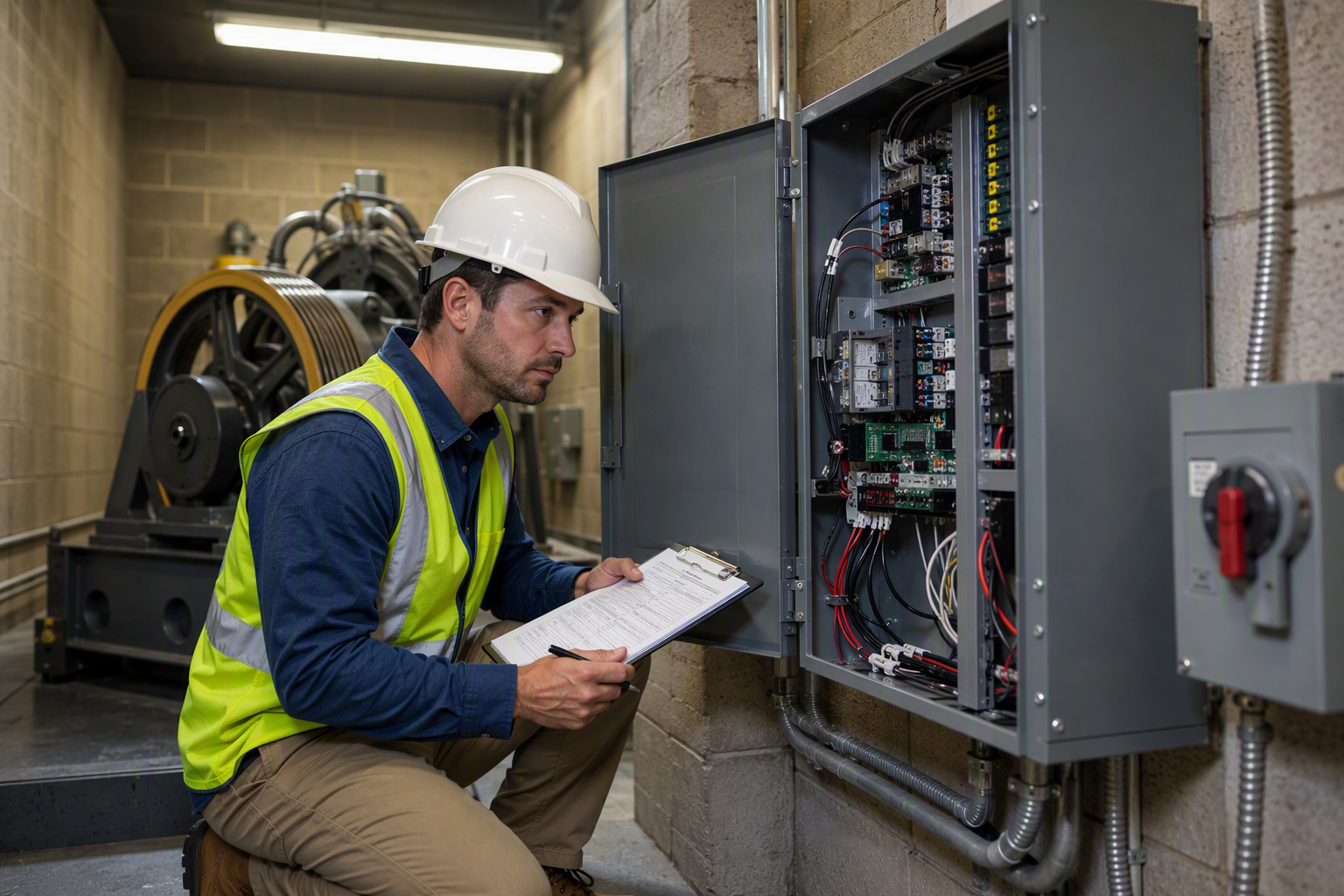 Licensed elevator inspector reviewing ASME A17.1 compliance documentation in a Phoenix apartment building machine room during the annual Arizona ADOSH elevator inspection
