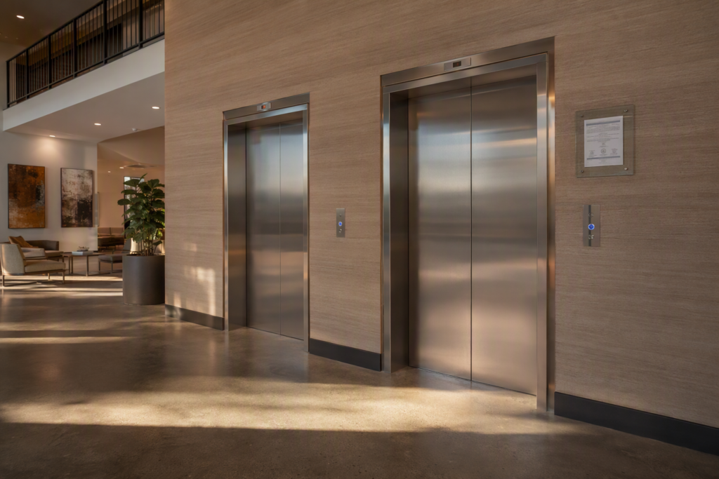 Elevator lobby in a Phoenix Arizona multifamily apartment building showing two stainless-steel elevator doors with ADA-compliant call buttons and a Certificate of Operation placard
