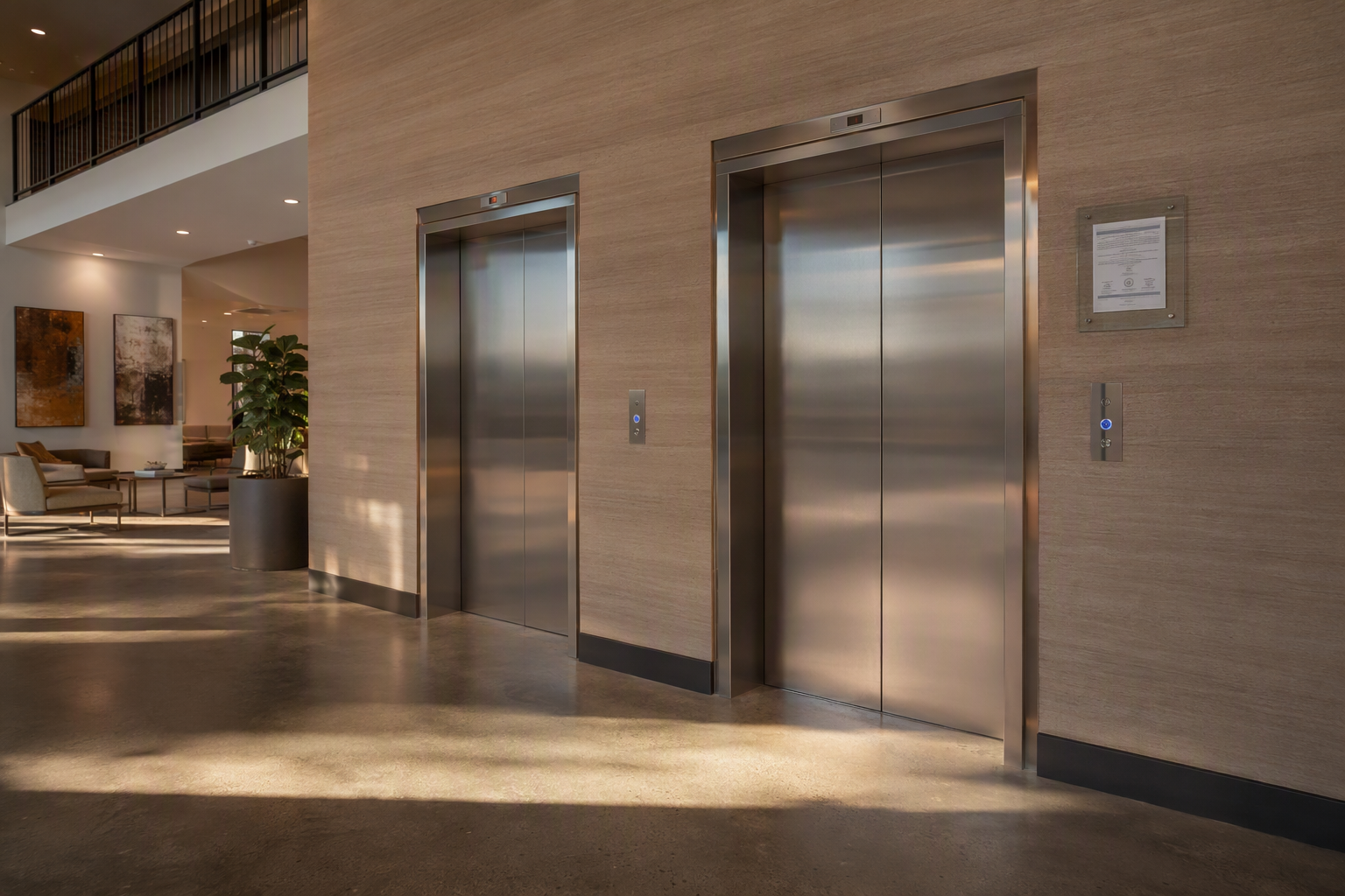 Elevator lobby in a Phoenix Arizona multifamily apartment building showing two stainless-steel elevator doors with ADA-compliant call buttons and a Certificate of Operation placard