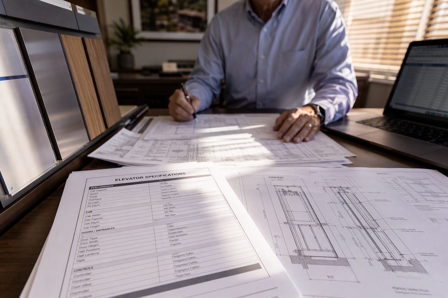 Building manager in a Scottsdale AZ office reviewing commercial elevator installation cost estimates, specifications, and cab finish options spread across a desk