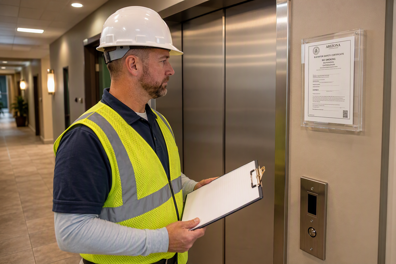 Licensed elevator inspector in Mesa AZ reviewing compliance permit and ASME A17.1 inspection documentation beside a newly installed commercial elevator