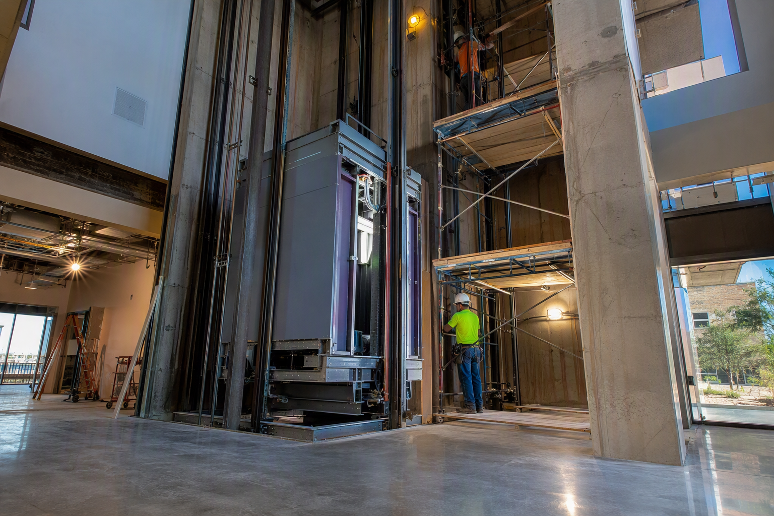 New commercial elevator installation in progress inside a Phoenix AZ mid-rise office building, showing hoistway, guide rails, and cab being set by technicians