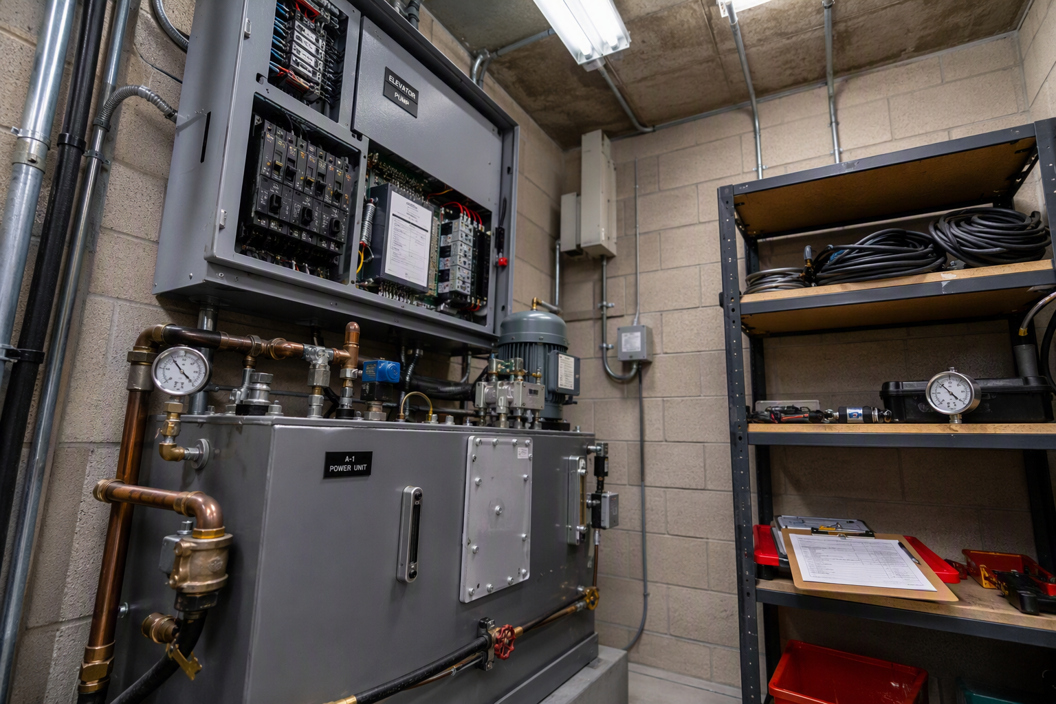 Hydraulic elevator machine room equipment showing power unit, control panel, and hydraulic lines — key cost drivers in commercial elevator installation quotes.