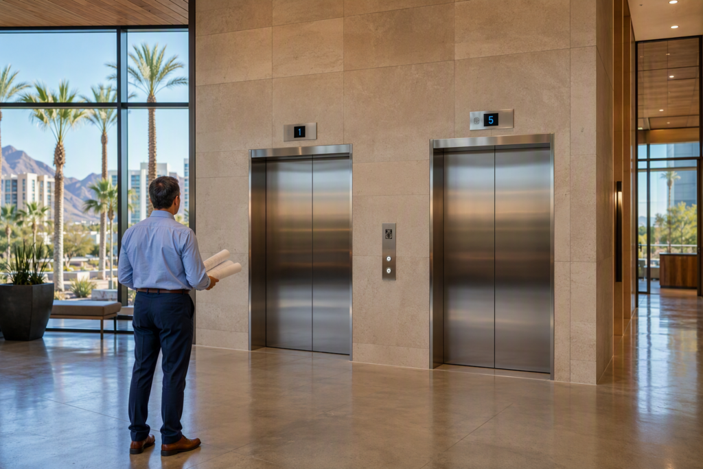 Newly installed commercial elevator doors in a Phoenix AZ mid-rise office lobby, illustrating new elevator installation cost factors for commercial buildings.