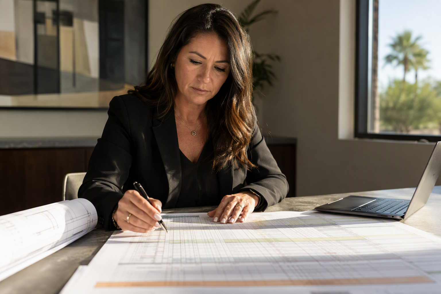 Building manager reviewing commercial elevator installation cost estimate and architectural plans in a Scottsdale AZ office, representing the budgeting process for new elevator projects.