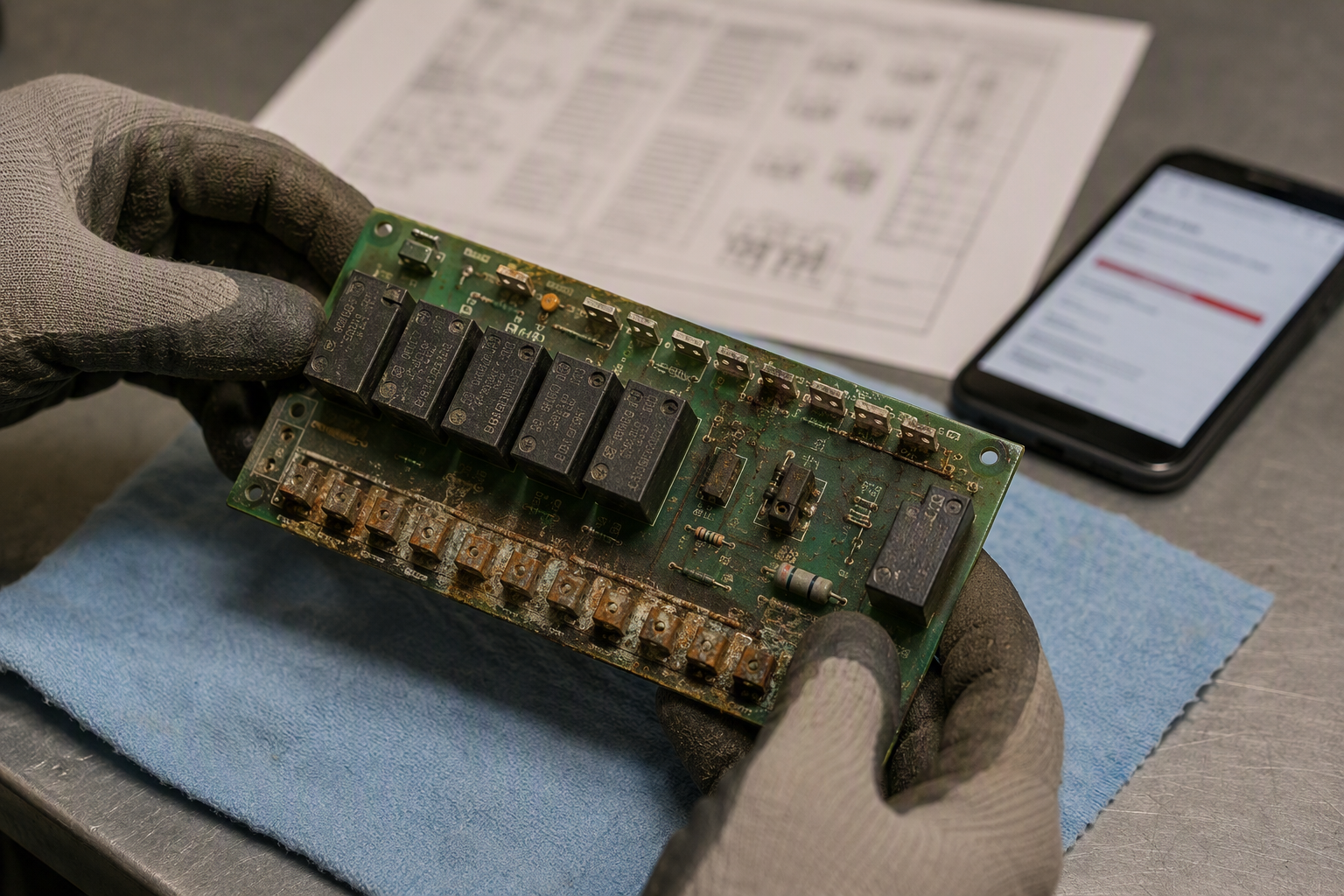 Elevator technician examining a discontinued relay logic board with corroded contacts, a key sign that an elevator control system is obsolete and parts are no longer available