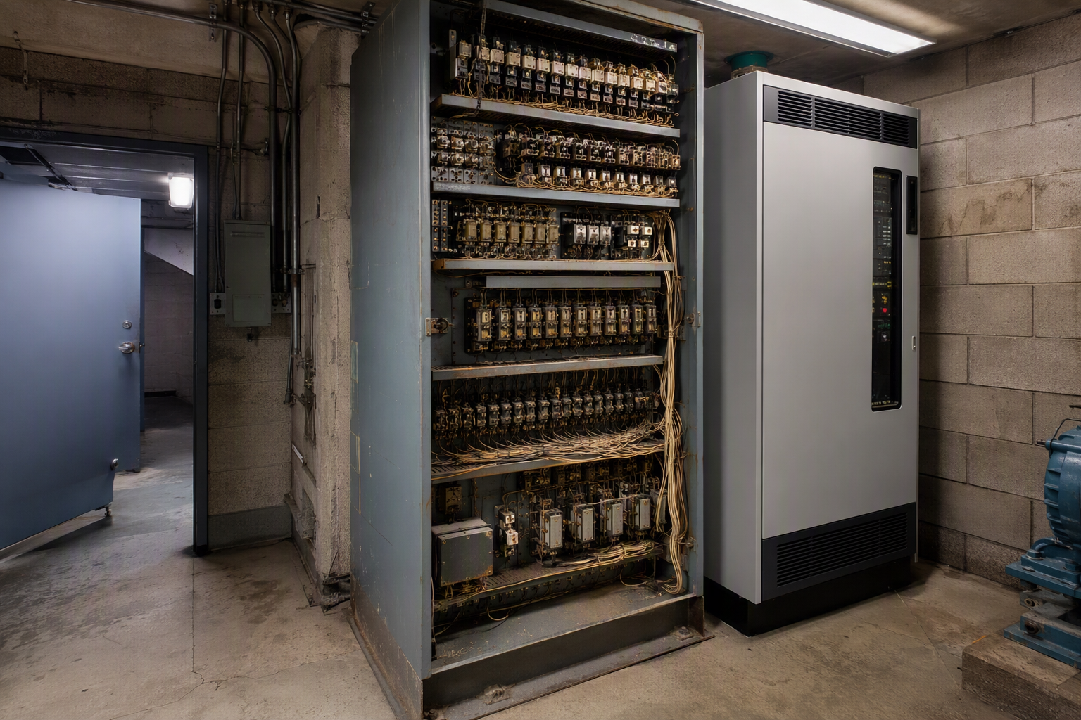 Obsolete relay-based elevator control system next to a modern controller in a Phoenix AZ machine room, showing signs the system is end-of-life and parts unavailable