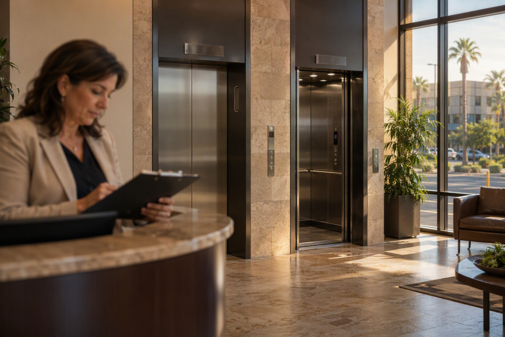 Facility manager in Phoenix AZ office lobby comparing OEM and independent elevator service options beside two commercial elevator doors, reviewing maintenance contract documents.