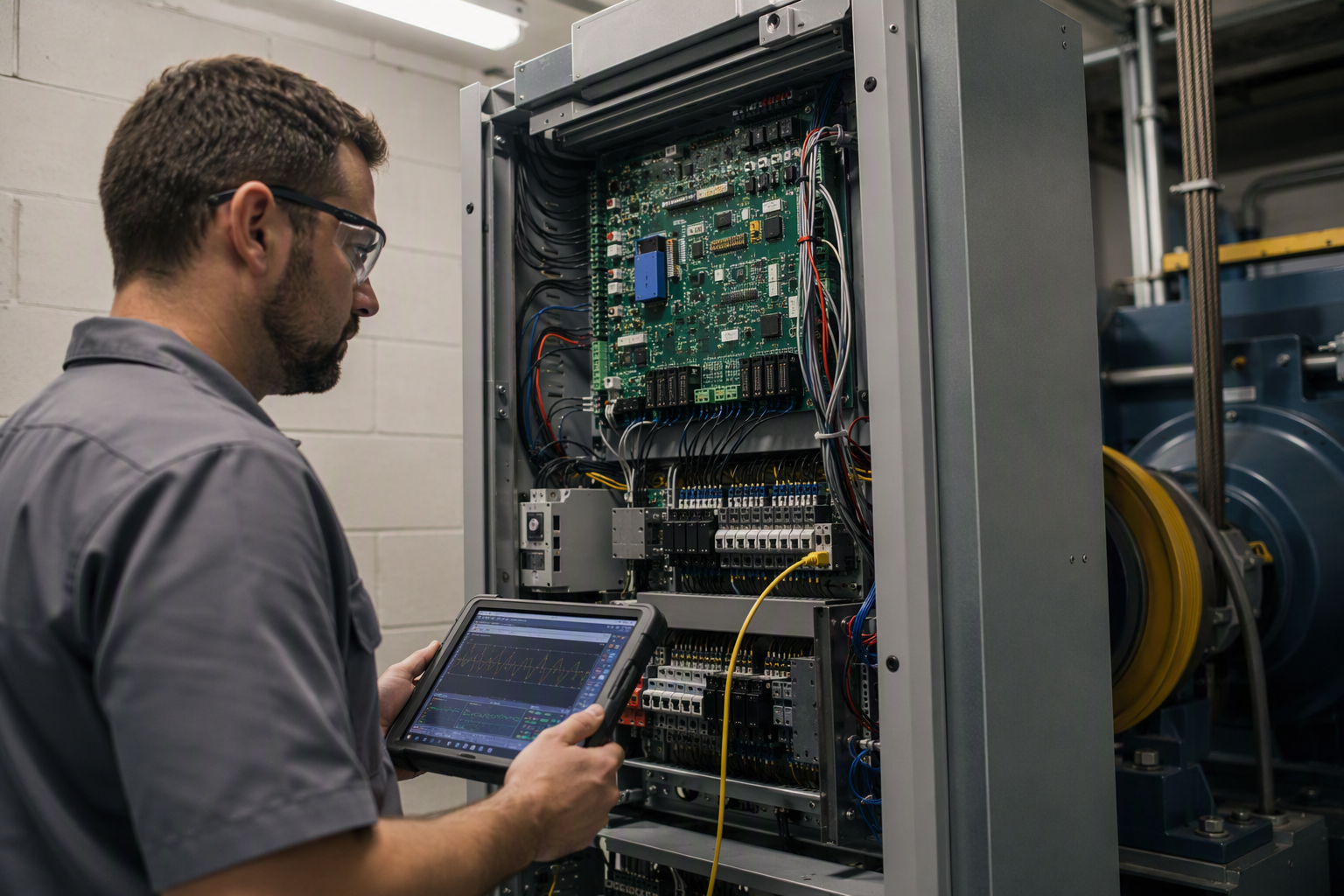 Elevator technician using proprietary OEM diagnostic laptop connected to a traction elevator controller in a machine room, highlighting a key advantage of OEM elevator service.