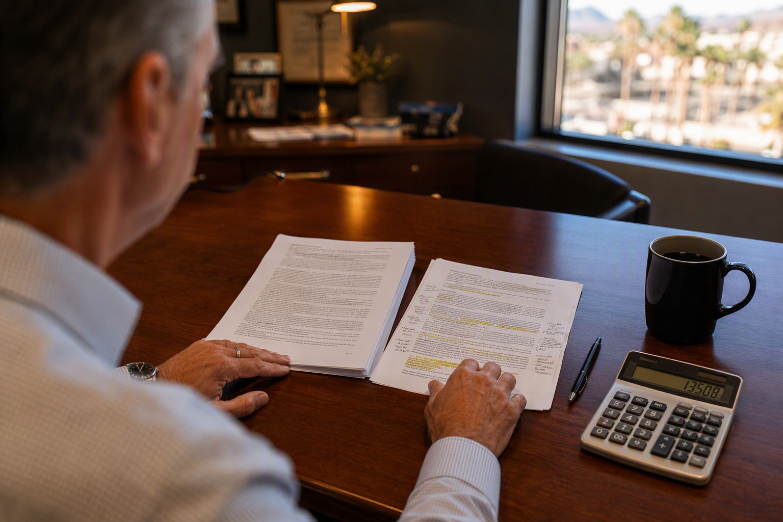 Building manager in Scottsdale AZ office comparing OEM and independent elevator service contracts side by side, evaluating costs and contract terms at desk.