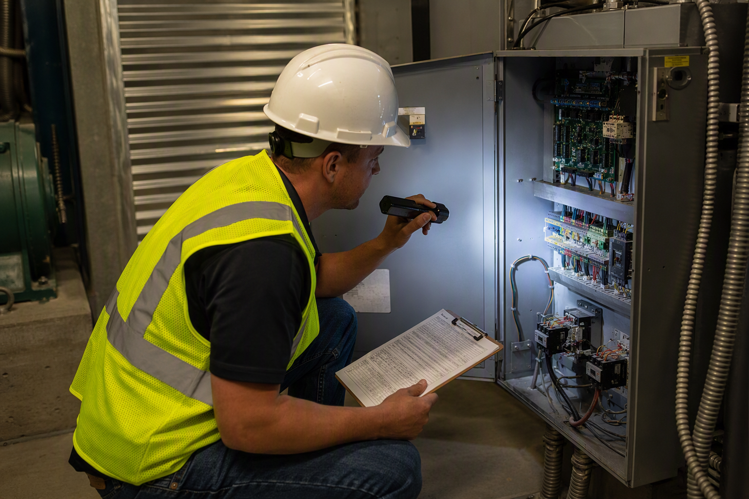 Licensed elevator inspector reviewing ASME A17.1 code compliance inside a Phoenix AZ office building machine room controller cabinet during a periodic ADOSH inspection