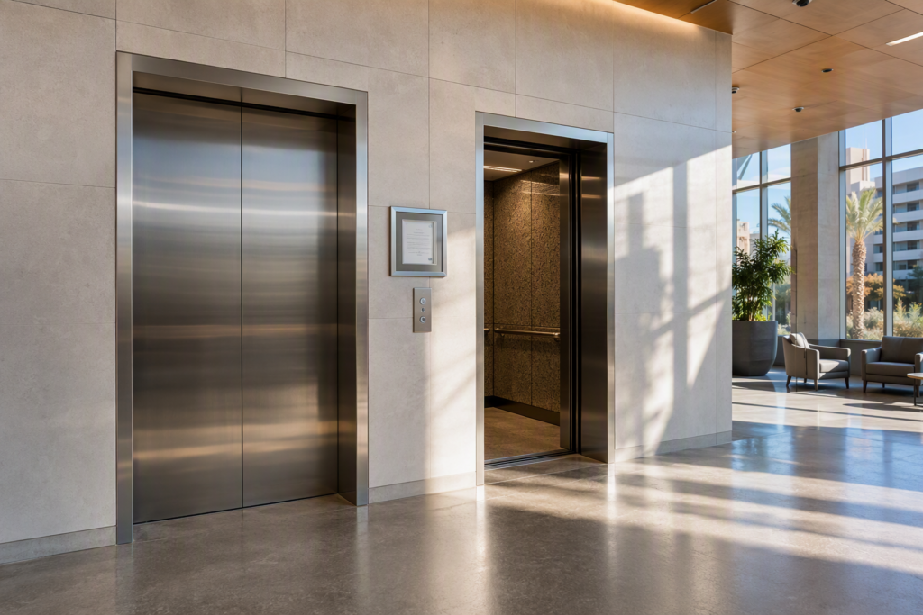 Modern Phoenix AZ office building elevator lobby showing stainless-steel cab doors and certificate of operation posted on wall per Arizona ADOSH compliance requirements