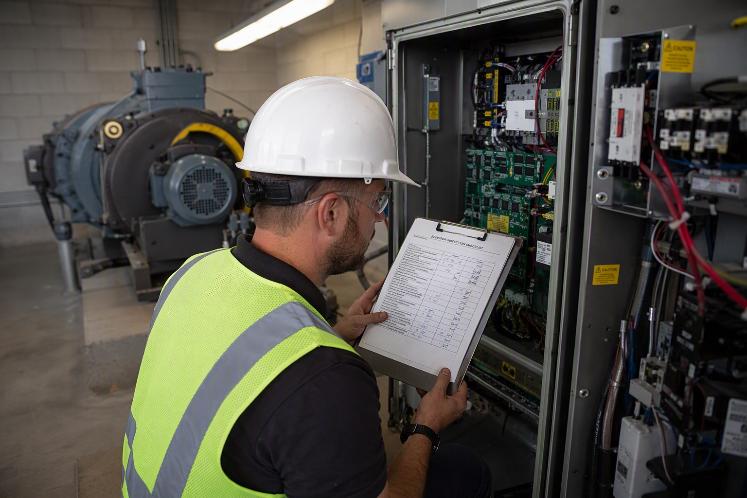 Machine Room Periodic Inspection Checklist Licensed elevator inspector reviewing ASME A17.1 periodic inspection checklist inside a commercial office building machine room in Arizona