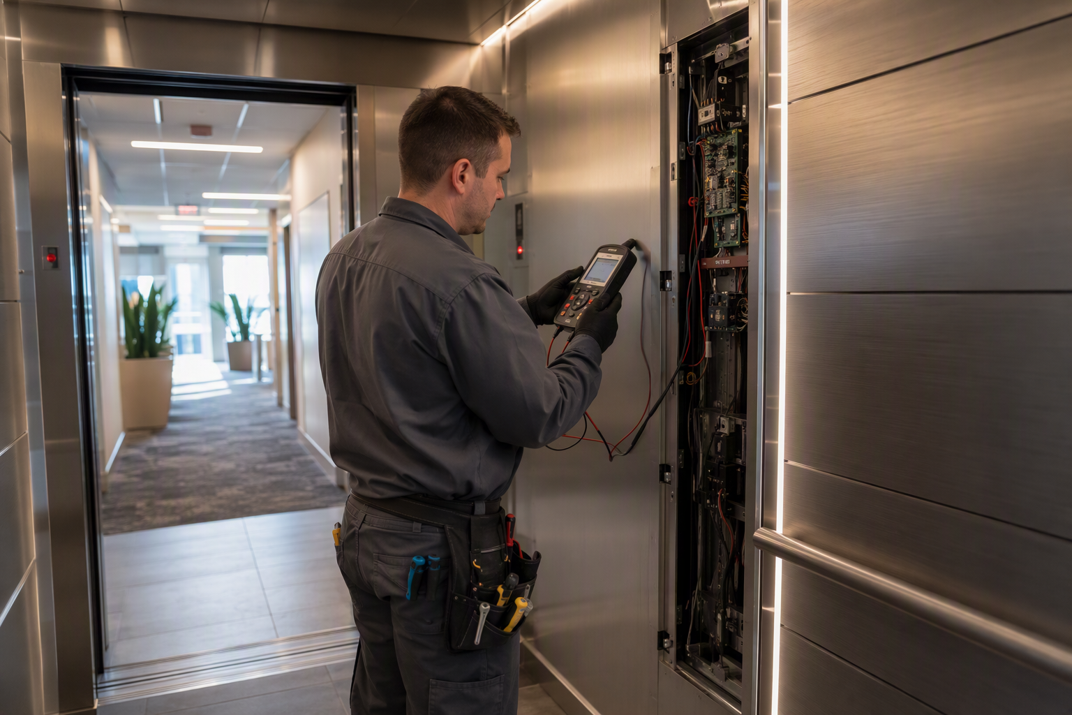 Category 1 Annual Safety Test in Office Elevator Elevator technician performing a Category 1 annual safety test inside a modernized office building elevator cab in Scottsdale Arizona