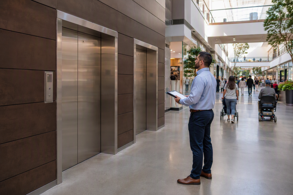 Facility manager reviewing retail elevator maintenance inspection documents at a busy Phoenix AZ shopping center elevator bank with stainless-steel cab doors.