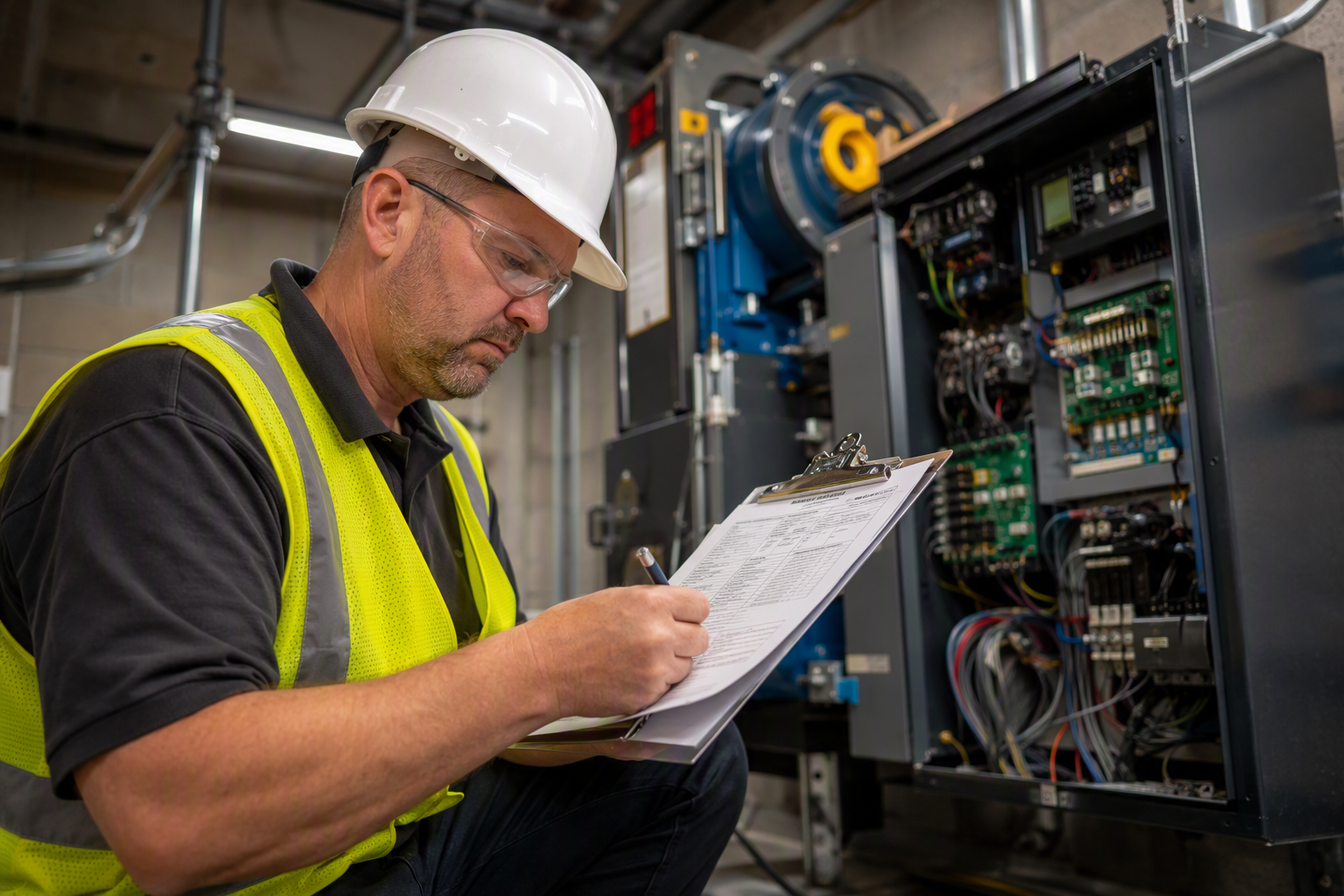 Licensed elevator inspector reviewing ASME A17.1 compliance checklist inside a retail building machine room in the Phoenix Arizona metro area.